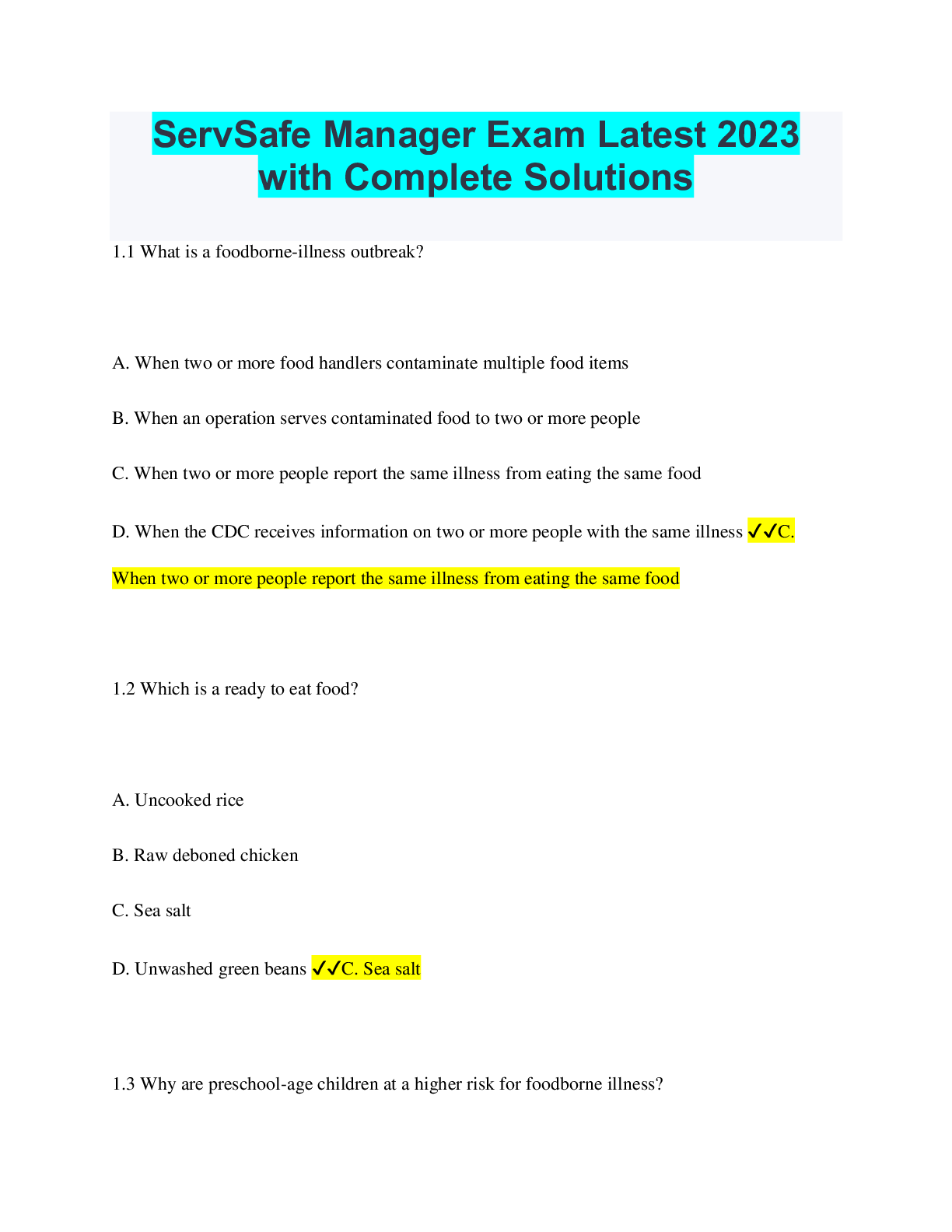 ServSafe Manager Exam Latest 2023 with Complete Solutions Browsegrades